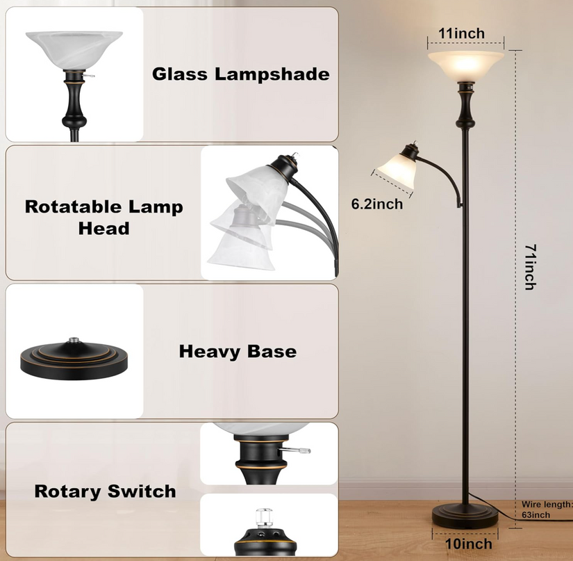 Elegant Designs LF2003-RBZ 2 Light Mother Daughter Floor Lamp with White Marble Glass,Restoration Bronze