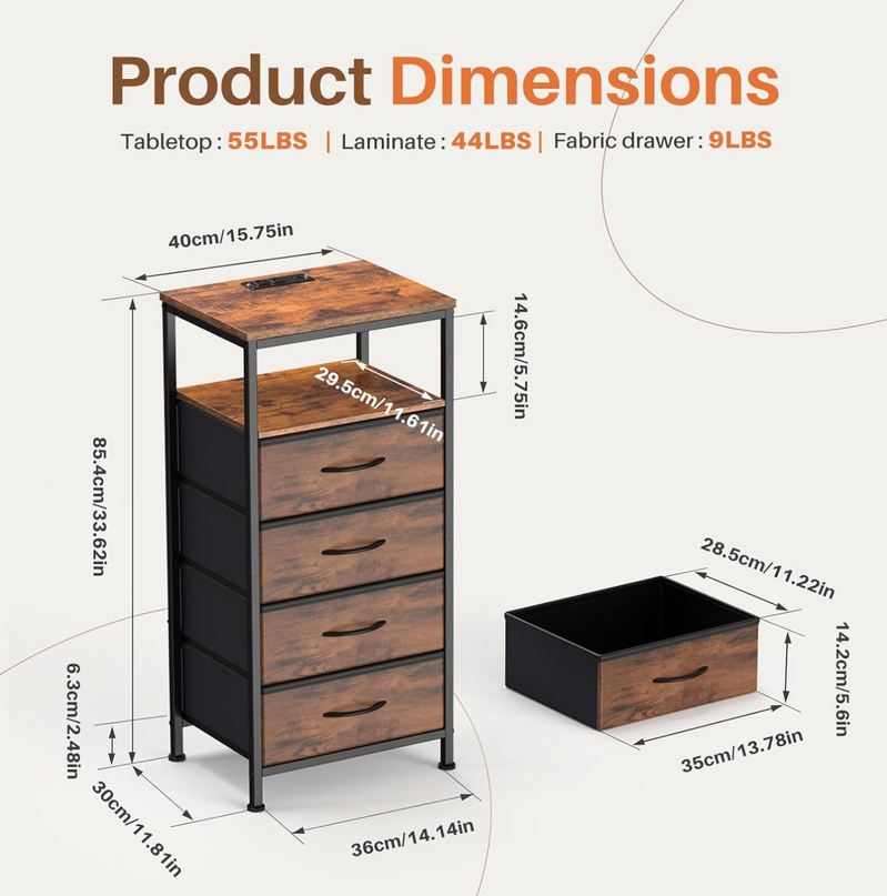 Sweetcrispy Nightstand with Charging Station, Bedside End Table with 4 Fabric Drawers, USB & Type-C Ports with AC Outlets, Adjustable Feet & Dimmable LED Light Strip, Modern Bedroom Furniture, Brown - LeafyLoom