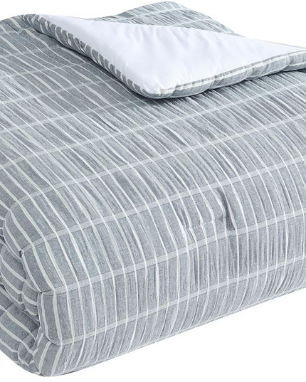 King 100% Cotton Comforter Set | Ivy Denim Blue Puckered Striped Down Alternative Comforter | All Season, Linen-Like, Textured 3 Piece Bedding Comforter Set (King, Ivy Denim Blue) VintageComfort