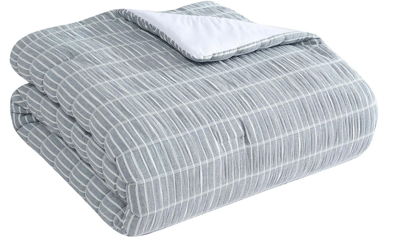 King 100% Cotton Comforter Set | Ivy Denim Blue Puckered Striped Down Alternative Comforter | All Season, Linen-Like, Textured 3 Piece Bedding Comforter Set (King, Ivy Denim Blue) VintageComfort