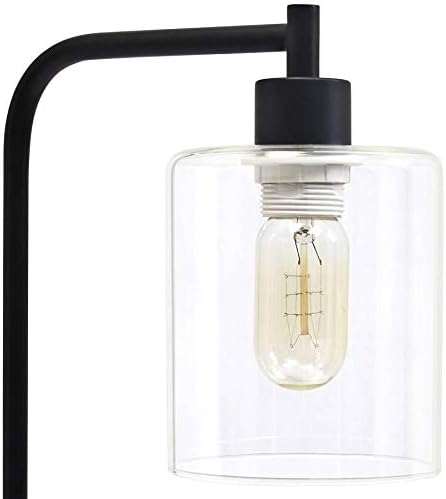 Simple Designs LD1036-BLK Bronson Antique Style Industrial Iron Lantern Desk Bedside Glass Shade Table Lamp, Black - LeafyLoom
