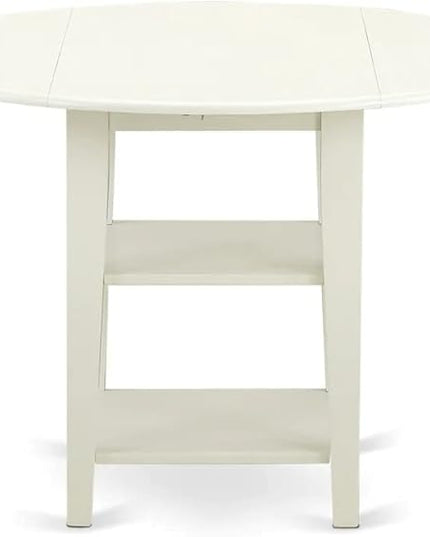 East West Furniture SUDA5-LWH-W 5 Piece Dining Room Furniture Set Includes a Round Kitchen Table with Dropleaf & Shelves and 4 Dining Chairs, 42x42 Inch, Linen White - LeafyLoom