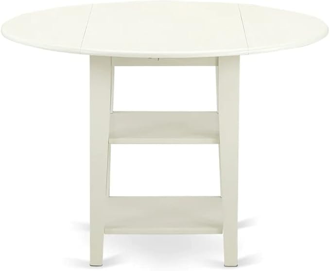 East West Furniture SUDA5-LWH-W 5 Piece Dining Room Furniture Set Includes a Round Kitchen Table with Dropleaf & Shelves and 4 Dining Chairs, 42x42 Inch, Linen White - LeafyLoom