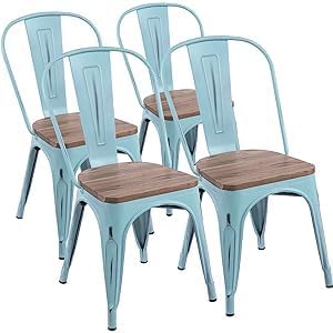 YOUNIKE Metal Chairs with Wooden Seat Modern Industrial Distressed Indoor Outdoor Metal Kitchen Dining Room Chairs Set of 4 (Dream Blue)… - LeafyLoom