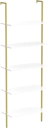 5 Tiers Ladder 2-Piece Shelf White Marble Modern Bookshelf Open Tall Wall Mount Bookcase Standing Leaning Wall Shelves Industrial Decorative - LeafyLoom
