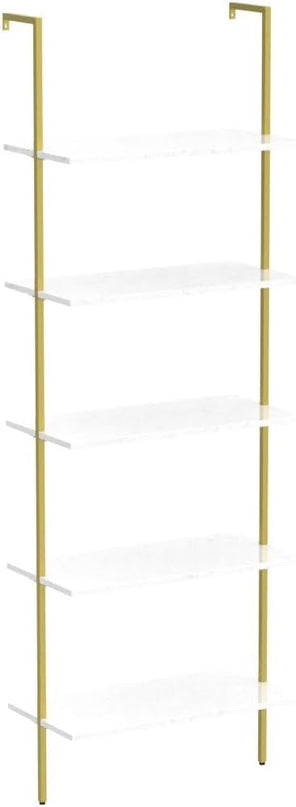 5 Tiers Ladder 2-Piece Shelf White Marble Modern Bookshelf Open Tall Wall Mount Bookcase Standing Leaning Wall Shelves Industrial Decorative - LeafyLoom