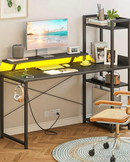 Gaming Desk with Power Outlets & Music Strip Lights,47In Reversible Computer Desk with Storages Shelves,Wooden Drawer& CPU Stand, PC Laptop Table with Large Monitor Stand for Home Office TREETALK