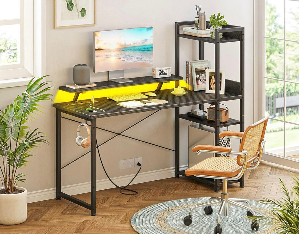 Gaming Desk with Power Outlets & Music Strip Lights,47In Reversible Computer Desk with Storages Shelves,Wooden Drawer& CPU Stand, PC Laptop Table with Large Monitor Stand for Home Office TREETALK