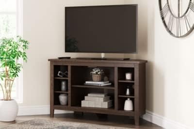 Signature Design by Ashley Camiburg Modern Corner TV Stand with Fireplace Option & Fits TVs Up to 48 Inches, Brown - LeafyLoom