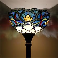 WERFACTORY Tiffany Floor Lamp Blue Lotus Flower Stained Glass Light 12X12X66 Inches Pole Torchiere Standing Corner Torch Uplight Decor Bedroom Living Room Home Office S220 Series - LeafyLoom