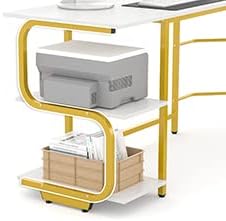 Teraves Reversible L Shaped Desk with Shelves Round Corner Computer Desk Gaming Table Workstation for Home Office (Large, White + Gold Frame) - LeafyLoom