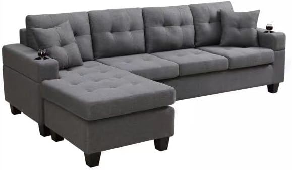L-Shape Sectional, with 2 Throw Pillows, Side Pocket and Cupholders, Convertible Corner Sofa w/Armrest, Left Chaise Longue, for Living Room & Apartment, 96Inch, Gray - LeafyLoom