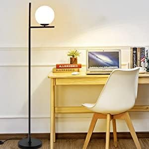 DLLT Modern LED Sphere Floor Lamp-9W Frosted Glass Globe Standing Lamps for bedroom, Energy Saving Mid Century Tall Pole Standing Accent lighting for Living Room, Office, Bedroom, Black - LeafyLoom