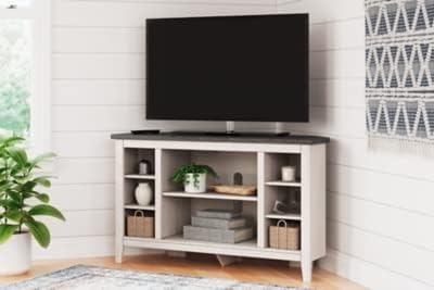 Signature Design by Ashley Dorrinson Modern Corner TV Stand with Fireplace Option & Fits TVs Up to 48 Inches, Whitewash & Gray - LeafyLoom