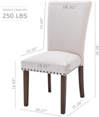 COLAMY Upholstered Parsons Dining Chairs Set of 2, Fabric Dining Room Kitchen Side Chair with Nailhead Trim and Wood Legs - Beige - LeafyLoom