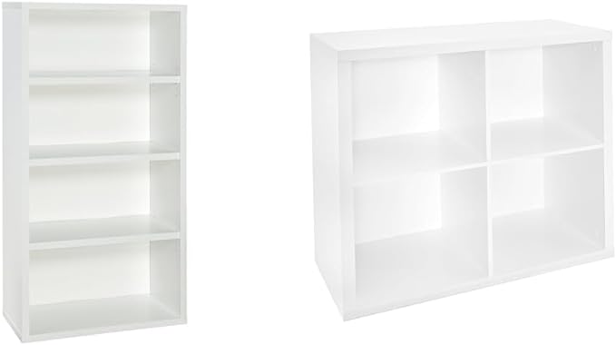 ClosetMaid Bookshelf with 4 Shelf Tiers, Adjustable Shelves, Tall Bookcase Sturdy Wood & 4 Cube Storage Shelf Organizer Bookshelf with Back Panel, Easy Assembly, Wood, White Finish - LeafyLoom