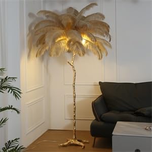 Luxury Resin Ostrich Feather Lamp, 35 Pieces real ostrich feathers,Feather Floor Lamp,Standing Lamp for Living Room, Bedroom and Office 67” Tall Feather Lamp (Ostrich Color) - LeafyLoom