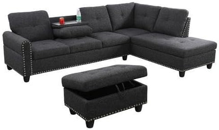 ROOMTEC Modern L Shaped Sectional Sofa with Storage Ottoman, Right Facing Chaise Longue, Reversible Backrest w/ 2 Cup Holders, Linen Tufted Cushions, for Living Room, Apartment, Black Grey - LeafyLoom