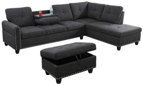 ROOMTEC Modern L Shaped Sectional Sofa with Storage Ottoman, Right Facing Chaise Longue, Reversible Backrest w/ 2 Cup Holders, Linen Tufted Cushions, for Living Room, Apartment, Black Grey - LeafyLoom