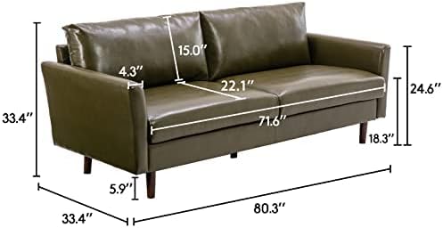 Dreamsir 80'' Faux Leather Sofa Couch, Mid-Century Modern Sofa with Solid Wooden Frame & Padded Cushions, 3-Seater Couch for Living Room, Apartment, Lounge Room (Green) - LeafyLoom