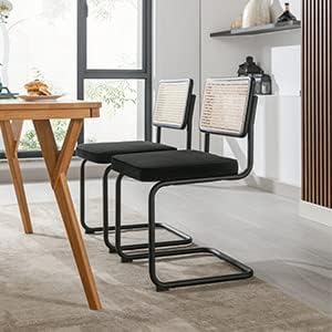 Zesthouse Rattan Dining Chairs 4pcs, Velvet Accent Chairs with Natural Cane Back & Stainless Chrome Base, Modern Mid Century Breuer Designed Chairs,Upholstered Dining Living Room Kitchen Chairs - LeafyLoom