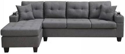 L-Shape Sectional, with 2 Throw Pillows, Side Pocket and Cupholders, Convertible Corner Sofa w/Armrest, Left Chaise Longue, for Living Room & Apartment, 96Inch, Gray - LeafyLoom