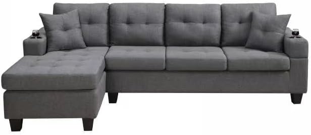 L-Shape Sectional, with 2 Throw Pillows, Side Pocket and Cupholders, Convertible Corner Sofa w/Armrest, Left Chaise Longue, for Living Room & Apartment, 96Inch, Gray - LeafyLoom