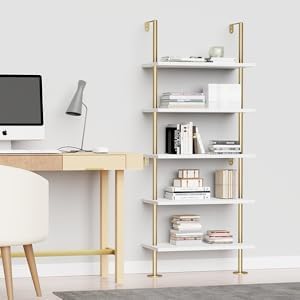 Ladder Shelf Bookcase 5 Tier, Extra Sturdy Modern Bookshelf Wall Mounted, Tall Standing Open Shelf White and Gold, Industrial Metal Frame with Wooden Shelf - LeafyLoom