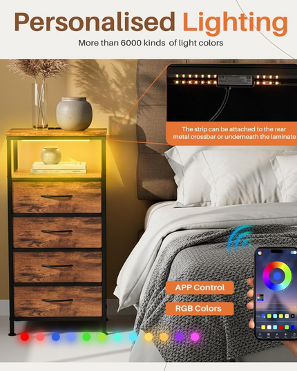 Sweetcrispy Nightstand with Charging Station, Bedside End Table with 4 Fabric Drawers, USB & Type-C Ports with AC Outlets, Adjustable Feet & Dimmable LED Light Strip, Modern Bedroom Furniture, Brown - LeafyLoom