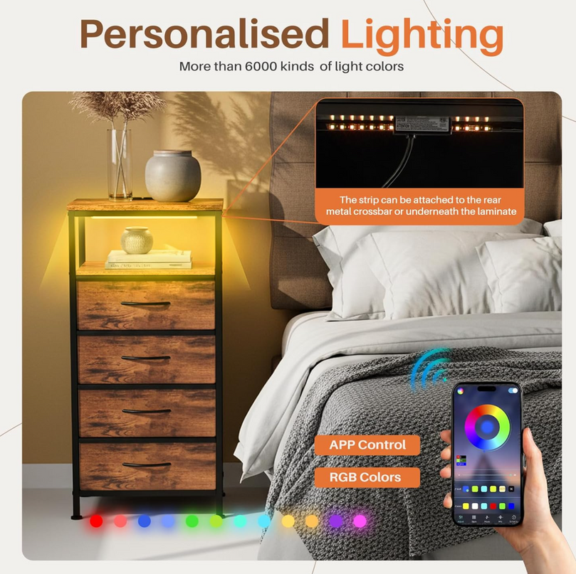 Sweetcrispy Nightstand with Charging Station, Bedside End Table with 4 Fabric Drawers, USB & Type-C Ports with AC Outlets, Adjustable Feet & Dimmable LED Light Strip, Modern Bedroom Furniture, Brown - LeafyLoom