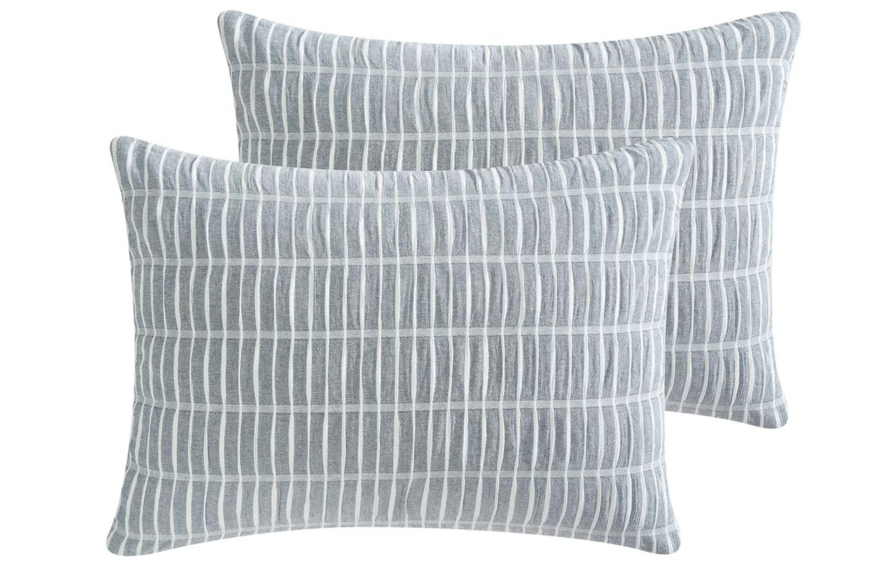King 100% Cotton Comforter Set | Ivy Denim Blue Puckered Striped Down Alternative Comforter | All Season, Linen-Like, Textured 3 Piece Bedding Comforter Set (King, Ivy Denim Blue) VintageComfort