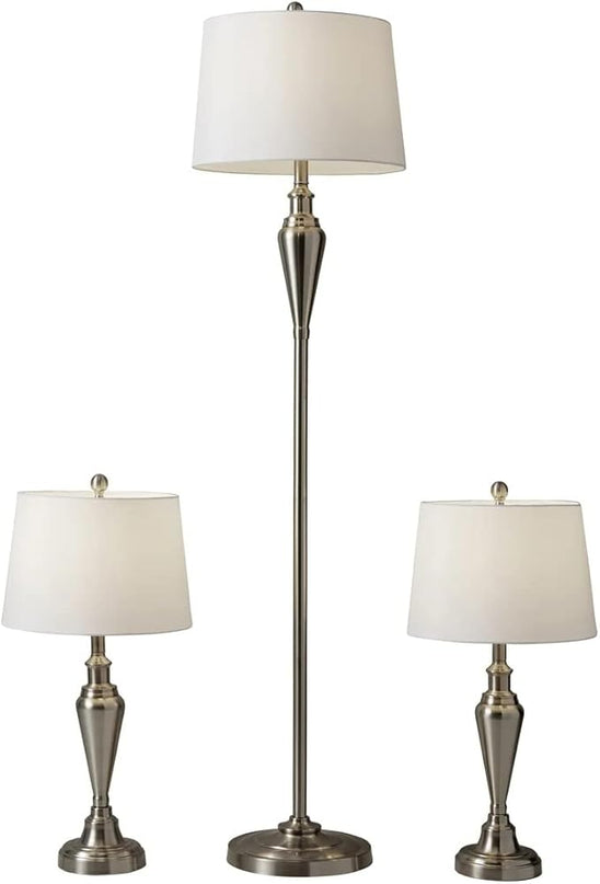Adesso 1583-22 Glendale 3-Piece Floor Lamp Set, 59.5 in./25.5 in., 150W, Brushed Steel/White, 3 Antique Lamps - LeafyLoom