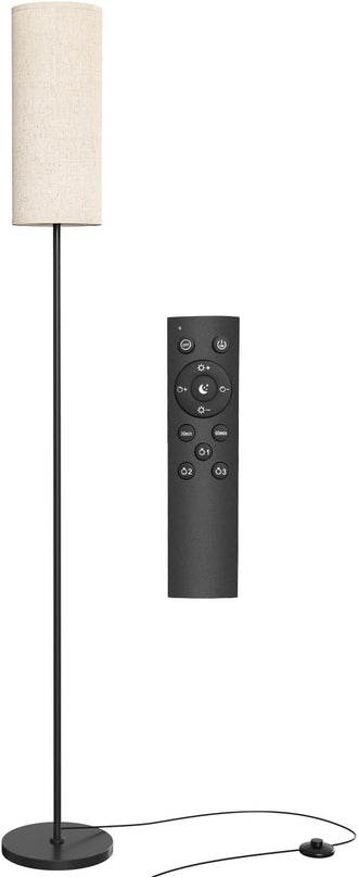 Floor Lamp for Living Room, Modern Standing lamp with Remote Control, Stepless Dimmable 12W Bulb & Beige Lampshade Included, Black Pole Tall Floor Lamp for Bedroom Office - LeafyLoom