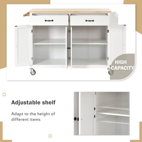 Elefesign FridayParts Kitchen Island Cart with Solid Wood Top and Locking Wheels, 54.3 Inch Width, 4 Door Cabinet and Two Drawers, Spice Rack, Towel Rack, White - LeafyLoom