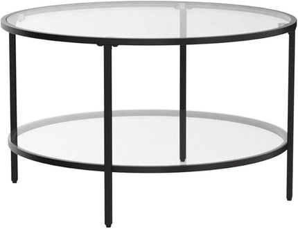 VINGLI Glass Coffee Table,30" Round Coffee Table Black Coffee Tables for Living Room,2-Tier Glass Top Coffee Table with Storage Clear Coffee Table,Simple & Modern Center Table Mesa de Centro Para Sala - LeafyLoom