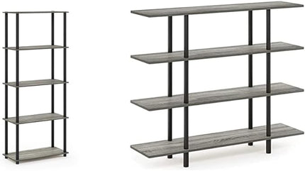 Furinno 5-Tier Round Tube Shelf and 4-Tier Wide Display Shelf, French Oak Grey/Black - LeafyLoom