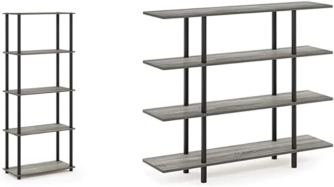 Furinno 5-Tier Round Tube Shelf and 4-Tier Wide Display Shelf, French Oak Grey/Black - LeafyLoom