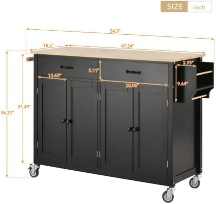 Elefesign FridayParts Kitchen Island Cart with Solid Wood Top and Locking Wheels, 54.3 Inch Width, 4 Door Cabinet and Two Drawers, Spice Rack, Towel Rack, Black - LeafyLoom