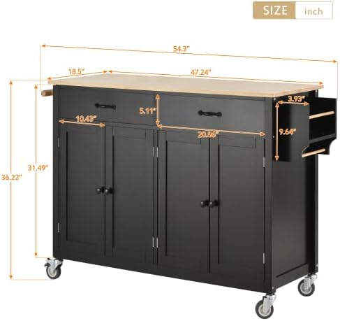 Elefesign FridayParts Kitchen Island Cart with Solid Wood Top and Locking Wheels, 54.3 Inch Width, 4 Door Cabinet and Two Drawers, Spice Rack, Towel Rack, Black - LeafyLoom