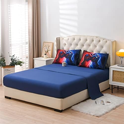 Meeting Story Gamer Gaming Bedding Sets Red Blue Lightnings Gamepad Comforter Set for Boys Games Console Action Buttons Novelty Colorful Modern Room Decor Home Quilt Set (Red-Blue, Queen 5Pcs) - LeafyLoom
