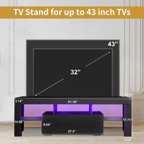LED TV Stand for Televisions up to 55 inches, Entertainment Center and Media Console with Storage Drawers and Glass Shelves for Living Room, Bedroom - LeafyLoom