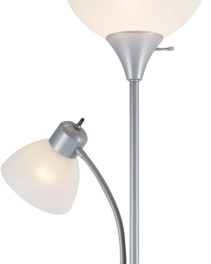 Globe Electric 67134 72" Torchiere Floor Lamp + Adjustable Reading Light, Silver, Frosted Plastic Shade, 3-Step Rotary Switch on Socket, Living Room Décor, Reading Light, Home Essentials, Bedroom - LeafyLoom