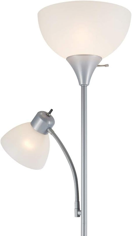 Globe Electric 67134 72" Torchiere Floor Lamp + Adjustable Reading Light, Silver, Frosted Plastic Shade, 3-Step Rotary Switch on Socket, Living Room Décor, Reading Light, Home Essentials, Bedroom - LeafyLoom