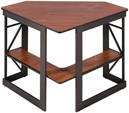 VECELO Corner Computer Desk Writing Smooth Keyboard Tray & Storage Shelves,Compact Home Office Triangle Table, Teak - LeafyLoom