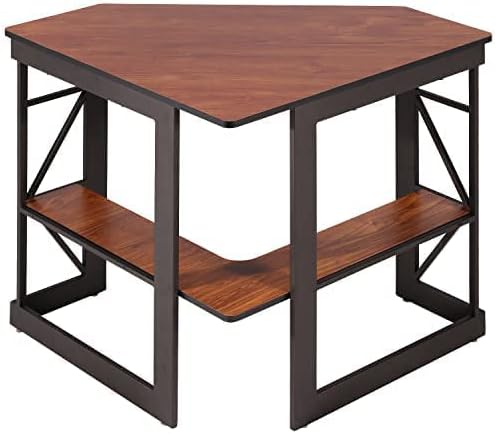 VECELO Corner Computer Desk Writing Smooth Keyboard Tray & Storage Shelves,Compact Home Office Triangle Table, Teak - LeafyLoom
