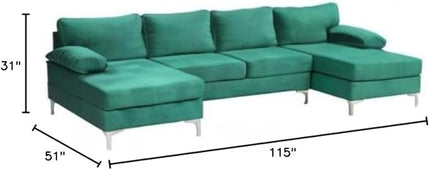 Modern Large Velvet Fabric U-Shape Sectional Sofa, Double Extra Wide Chaise Lounge Couch, Green - LeafyLoom