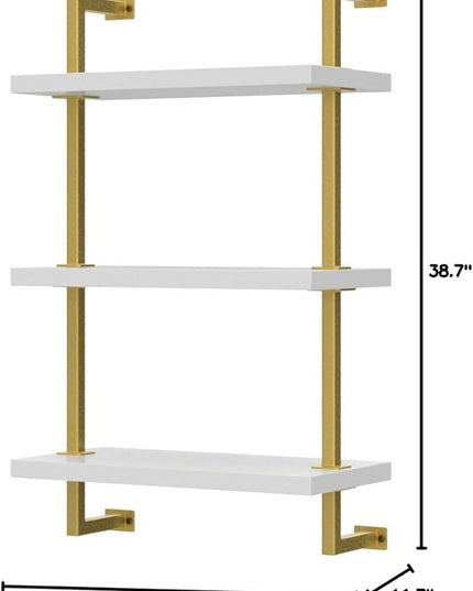 Nathan James Theo 3-Shelf Small Bookcase, Floating Wall Mount Bookshelf with Wood and Industrial Pipe/Metal Frame, White/Brass Gold - LeafyLoom