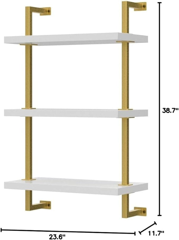 Nathan James Theo 3-Shelf Small Bookcase, Floating Wall Mount Bookshelf with Wood and Industrial Pipe/Metal Frame, White/Brass Gold - LeafyLoom