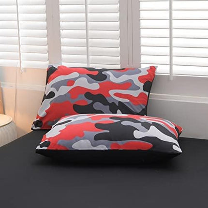Meeting Story Camouflage Bedding Set, Colorful Pattern Style Comforter Set, 5 PCS One Comforter Two Pillowcases Two Sheets in One Bag, All Season Bedspread for Teens Adults (Red-Black,Queen5pcs - LeafyLoom