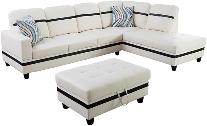 L Shaped Sofa with Ottoman Modern Sectional Living Room, Bedroom, Office, L Couch White-Black - LeafyLoom